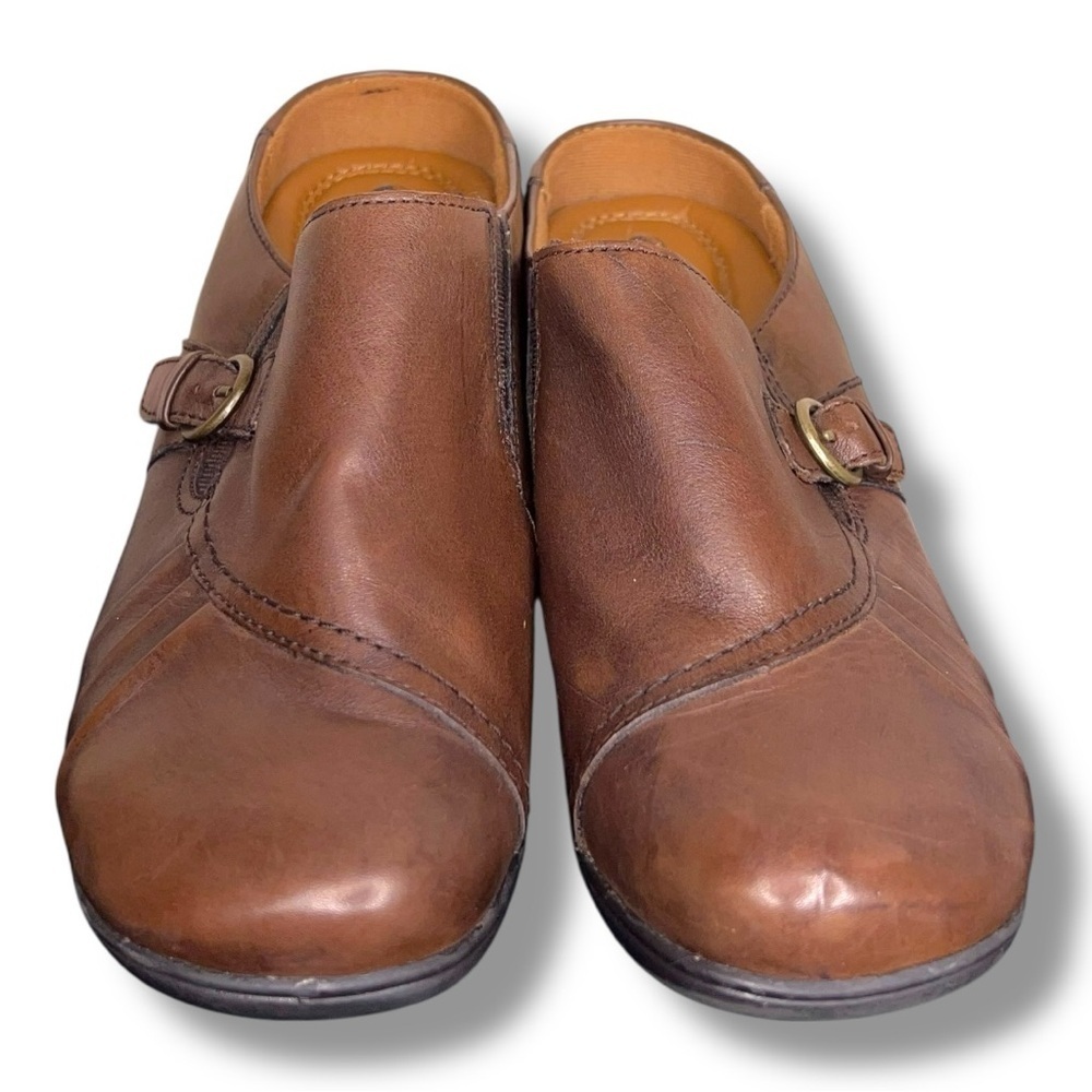 Earth Spirit Leather Size 10 Clogs Mule Slip On Shoes Block Heel Brown Buckle